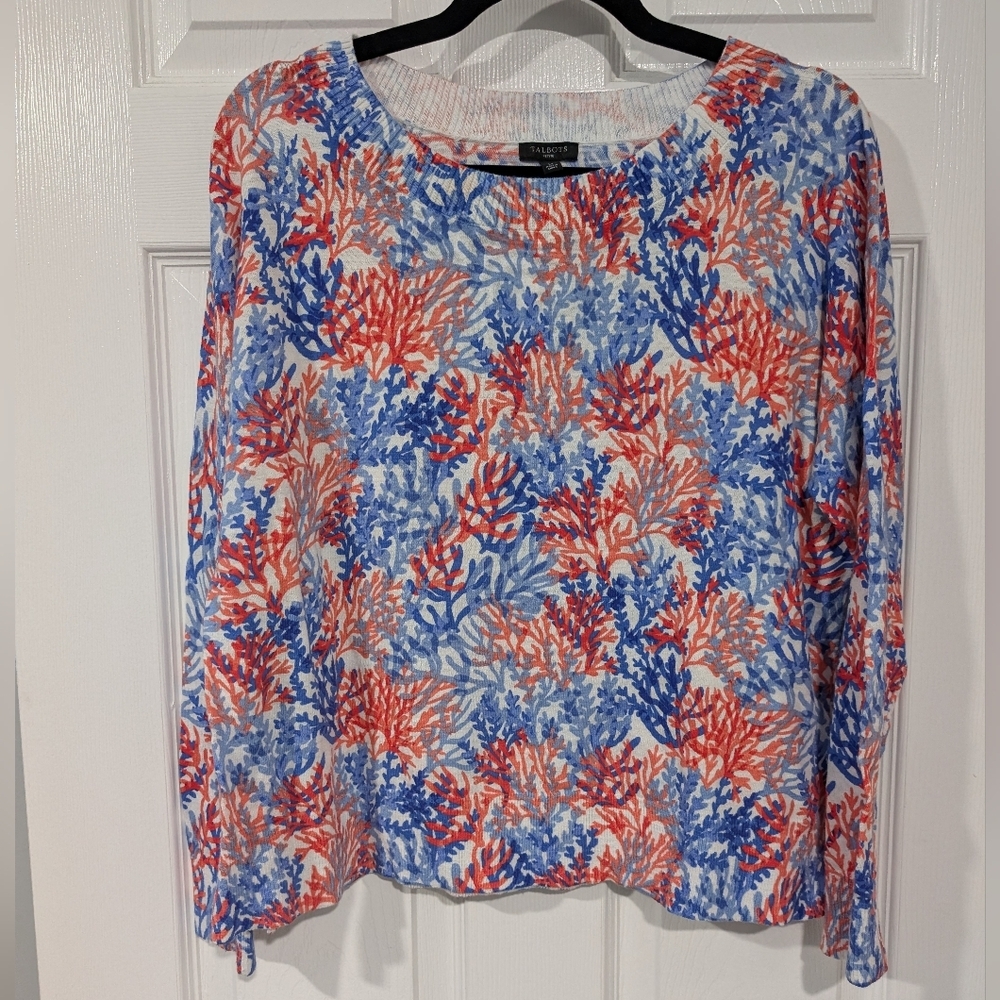 NWT Talbots Petite Colorful Coral Print Light Weight Sweater Size PL